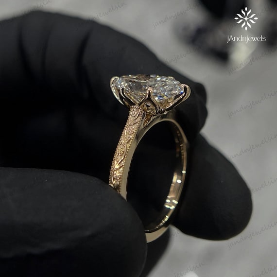 3CT Marquise Cut Moissanite Engagement Ring Vintage Filigree Solitaire Ring 14K Gold Six Prong Bridal Ring For Her Art Deco Engraved Band