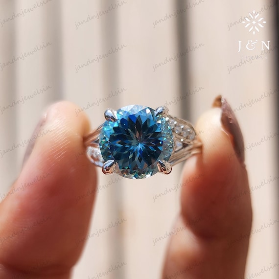 Blue Portuguese Cut Moissanite Engagement Ring Solitaire Ring Leaf Band 14k Gold Ring Colored Diamond Ring Anniversary Gift For Her