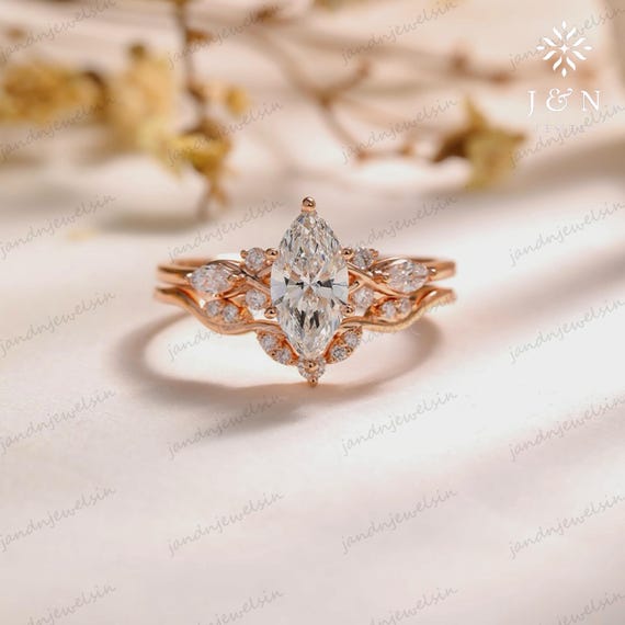 Floral Marquise Cut Moissanite Engagement Ring Set Marquise Bridal Ring Set 14k Gold Ring Nature Inspire Ring Set Proposal Ring Unique Ring