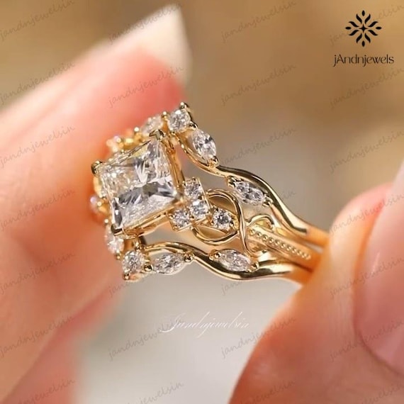 2.5CT Princess Cut Moissanite Engagement Ring Set Floral Vine Enhancer Band 14K Gold Vintage Wedding Ring Set Unique Bridal Ring Set