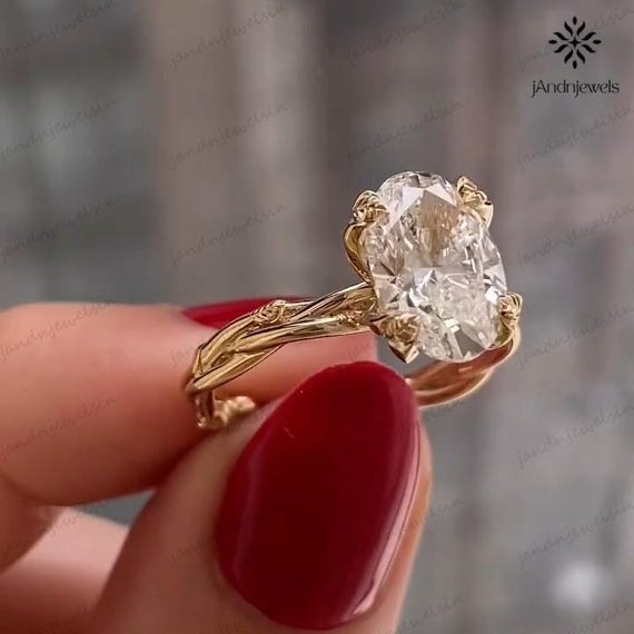 Vintage Oval Cut Moissanite Engagement Ring Twisted Vine Band 14K Yellow Gold Nature Inspired Unique Prong Wedding Ring Solitaire Ring