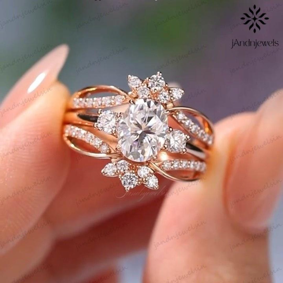 Oval Cut Moissanite Engagement Ring Set 14K Solid Gold Floral Enhancer ...