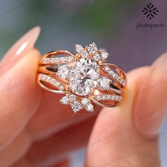 Oval Cut Moissanite Engagement Ring Set 14K Solid Gold Floral Enhancer Band Ring Vintage Cluster Bridal Ring Wedding Ring Anniversary Gift