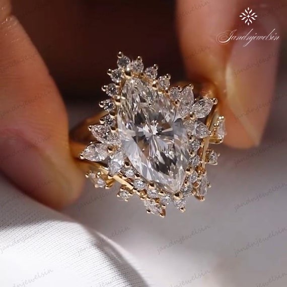 3CT Marquise Cut Moissanite Engagement Ring 14K Gold Halo Bridal Ring Floral Cluster Setting Unique Wedding Ring for Her Vintage Style Ring
