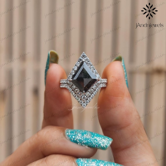 2.30CT Kite Salt and Pepper Diamond Bridal Set Pave Band Engagement Ring 14K Gold Wedding Ring Set Unique Vintage Gift For Her Promise Ring