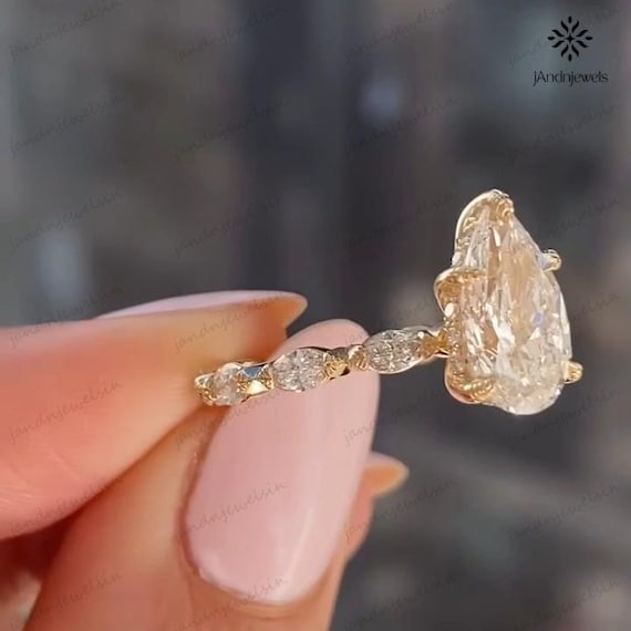 3CT Pear Cut Moissanite Engagement Ring 14K Gold Hidden Halo East West Setting Marquise Side Stones Vintage Floral Bridal Wedding Ring