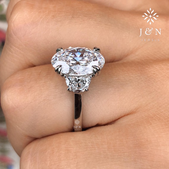 4CT Oval Moissanite Three Stone Engagement Ring 14k Gold Ring Side Stone Half Moon Accents Wedding Ring Anniversary Gifts For Her