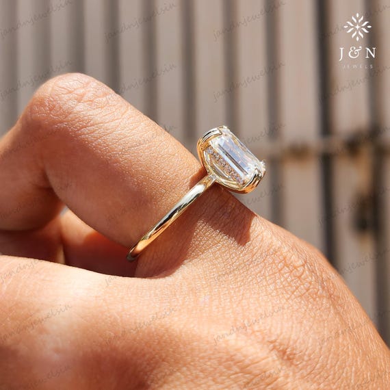 4CT Emerald Cut Moissanite Engagement Ring Solitaire Ring Emerald Hidden halo Ring 14k Solid Gold Ring Promise Wedding Ring Anniversary Gift
