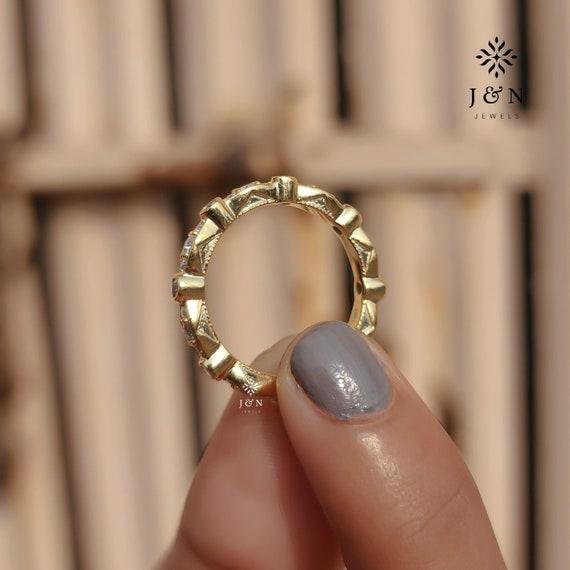 0.50CT Round Moissanite Wedding Band Marquise Outline Eternity Ring Stackable Band Milgrain Gold Band Bridal Jewelry