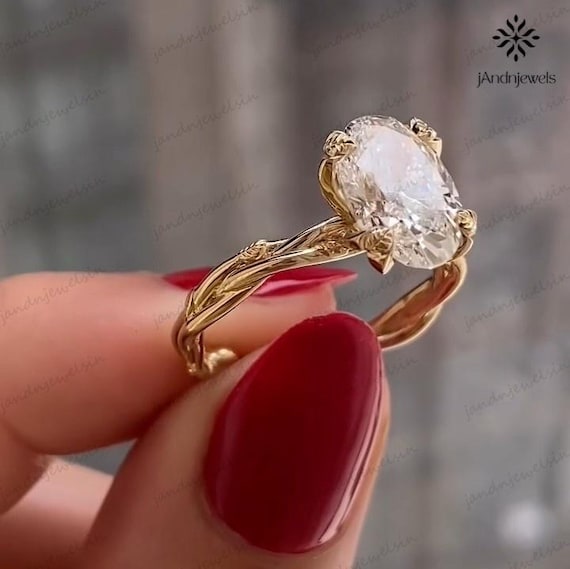 4 CT Oval Diamond Moissanite Engagement Ring, Floral Vine Twisted Band Solitaire Ring, 14K Solid Gold Oval Shape Ring, Wedding Ring for Her