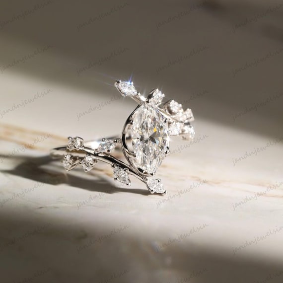 Marquise Cut Moissanite Engagement Ring Unique Leaf Branch Diamond Ring 14k Gold Nature Inspired Wedding Ring Set Bridal Ring Set for Her