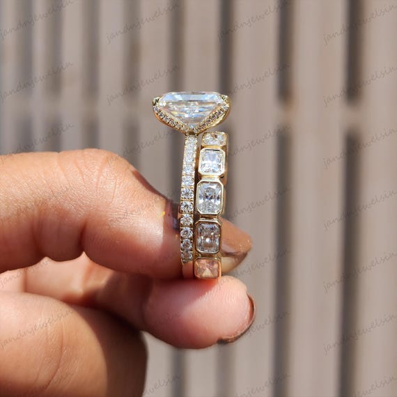 4CT Radiant Moissanite Bridal Ring Set Radiant Cut Bezel Set Wedding Band 14K Gold Hidden Halo Tulip Setting Ring Set Anniversary Ring