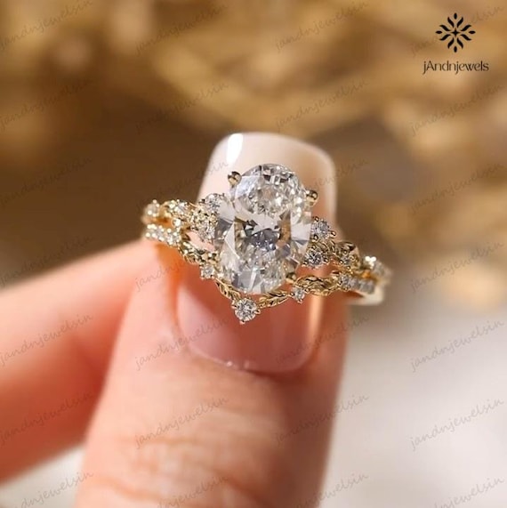 Vintage Oval Moissanite Engagement Ring Set 14K Gold Bridal Set Wedding Ring Unique Diamond Leaf Band Nature Inspired Ring Anniversary Gift