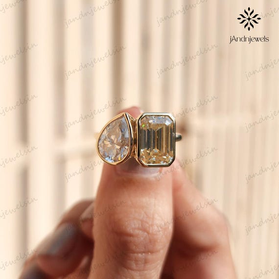 Toi Et Moi Moissanite Ring Bezel Set Emerald & Pear Two Stone Engagement Ring Yellow Moissanite Unique Anniversary Gift Promise Ring for Her