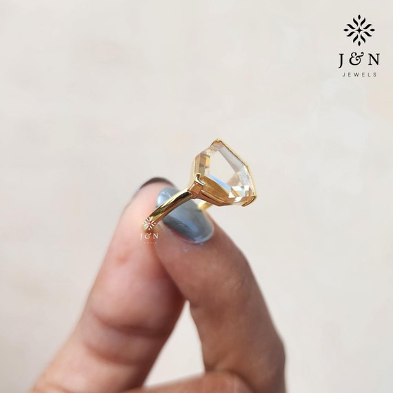 East West Champagne Portrait Cut Moissanite Engagement Ring East West Bezel Set Shield Shape Wedding Ring 14K Solid Gold Anniversary Gifts