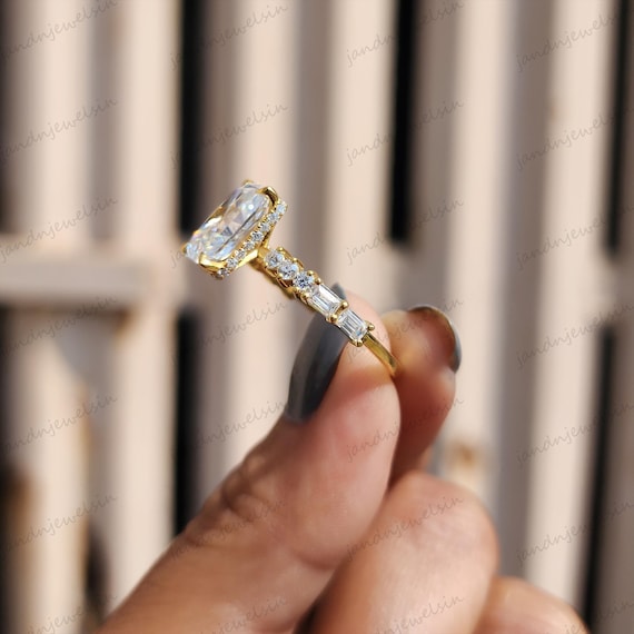 Radiant Cut Moissanite Engagement Ring 14K Gold Hidden Halo Diamond Ring Unique Bridal Wedding Anniversary Ring for Women