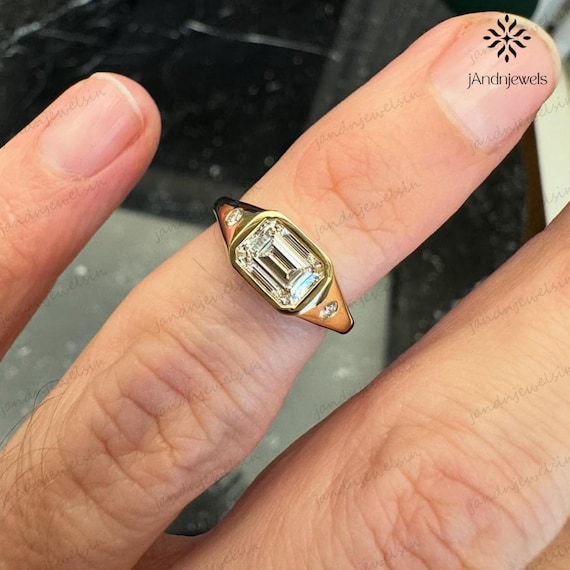 2 CT Emerald Cut Moissanite Bezel Ring 14K Gold Engagement Ring Sleek Signet Style Diamond Ring Unique Art Deco Minimalist Ring Wedding Ring