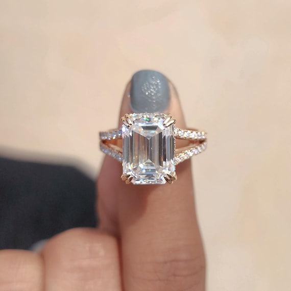 5CT Emerald Cut Moissanite Engagement Ring Moissanite Ring Split Shank Solitaire Ring 14k Yellow Gold Vintage Art Deco Wedding Ring