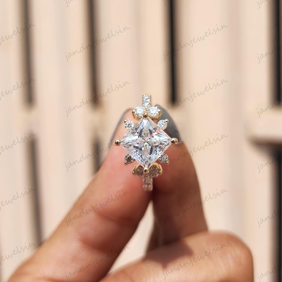 Princess Cut Moissanite Engagement Ring Floral Cluster Pave Band Hidden Halo 14k Gold Ring Vintage Bridal Jewelry Wedding Anniversary Gifts