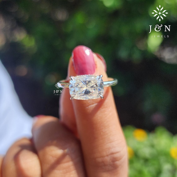 3CT Elongated Cushion Cut Moissanite East-West Solitaire Ring With Hidden Halo 14k Gold Ring Unique Wedding Ring For Her Anniversary Gifts