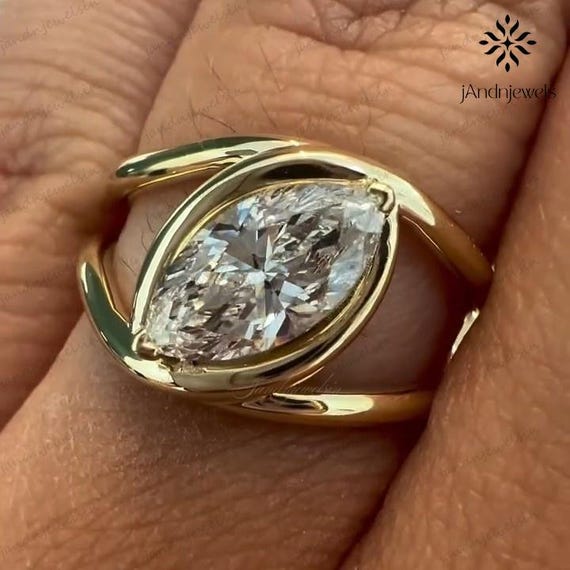 2CT Marquise Moissanite Bezel Ring Split Shank Engagement Ring 14K Solid Gold Minimalist Ring Unique Promise Ring Wedding Ring For Her