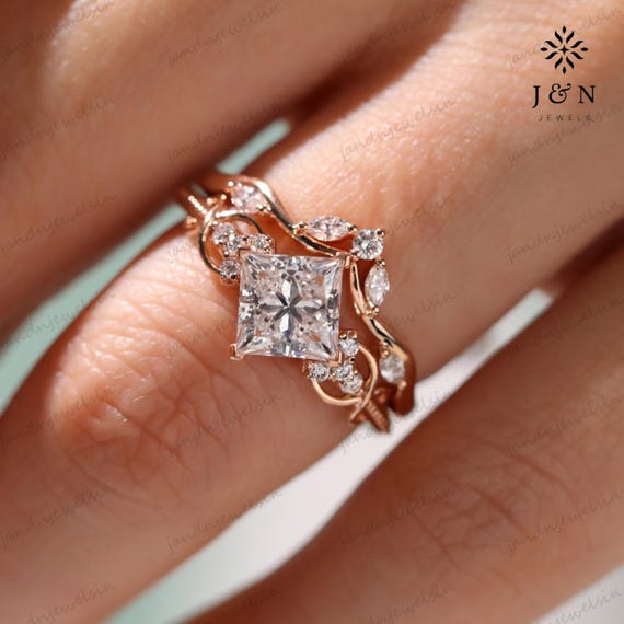 2CT Princess Moissanite Engagement Ring Set 14K Gold Ring Bridal Set Nature Inspired Floral Wedding Ring Unique Anniversary Ring