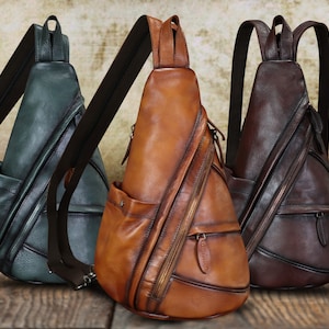 Genuine Leather Sling Bag Vintage Handmade Crossbody Casual Daypack Shoulder Satchel Customized Convertible Sling Backpack Fanny Pack Gift