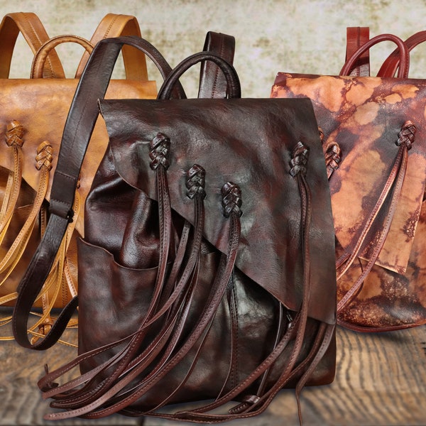 Genuine Leather Backpack Purse for Women Vintage Casual Tassel Daypack Customized Handmade Western Leather Rucksack Knapsack