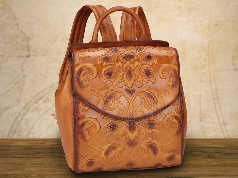 Genuine Leather Backpack Purse Vintage Embossed Casual Daypack Etsy