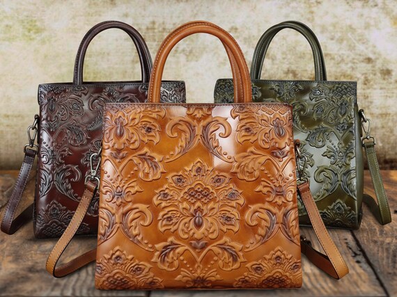 Genuine Leather Embossed Satchel for Women Top Handle Handbag Handmade Vintage Satchel Crossbody Purse Bag Customized Festival Gift Purse Etsy
