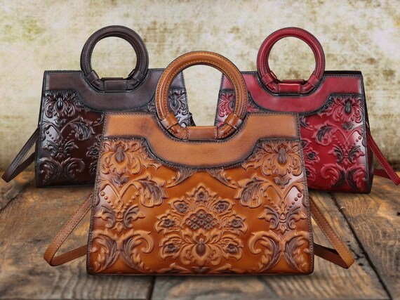Genuine Leather Handbags for Women Retro Embossed Leather Shoulder Satchel Vintage Handmade Customized Cowhide Top Handle Handbag Purse