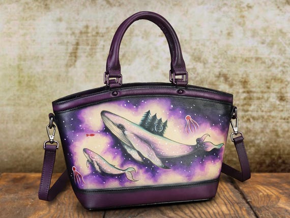 Genuine Leather Purses and Handbags for Women Hand Painted Whale Vintage Shoulder Bag Top Handle Bag Satchel Purse Crossbody Bag for Gifts