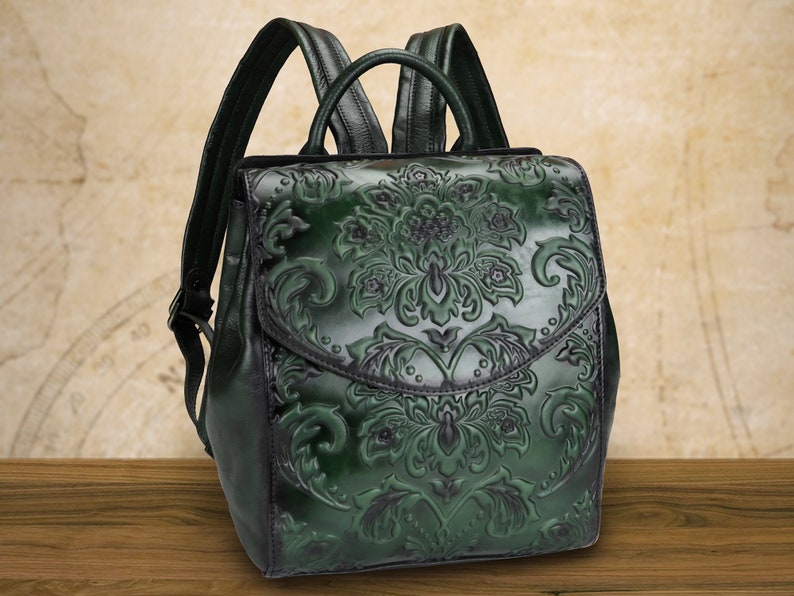 Genuine Leather Backpack Purse Vintage Embossed Casual Daypack Etsy