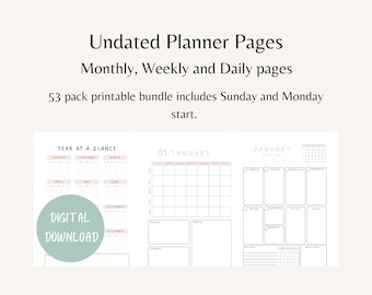 Undated printable planner pages, Monthly planner pages, weekly planner pages, daily planner page, printable, year in review