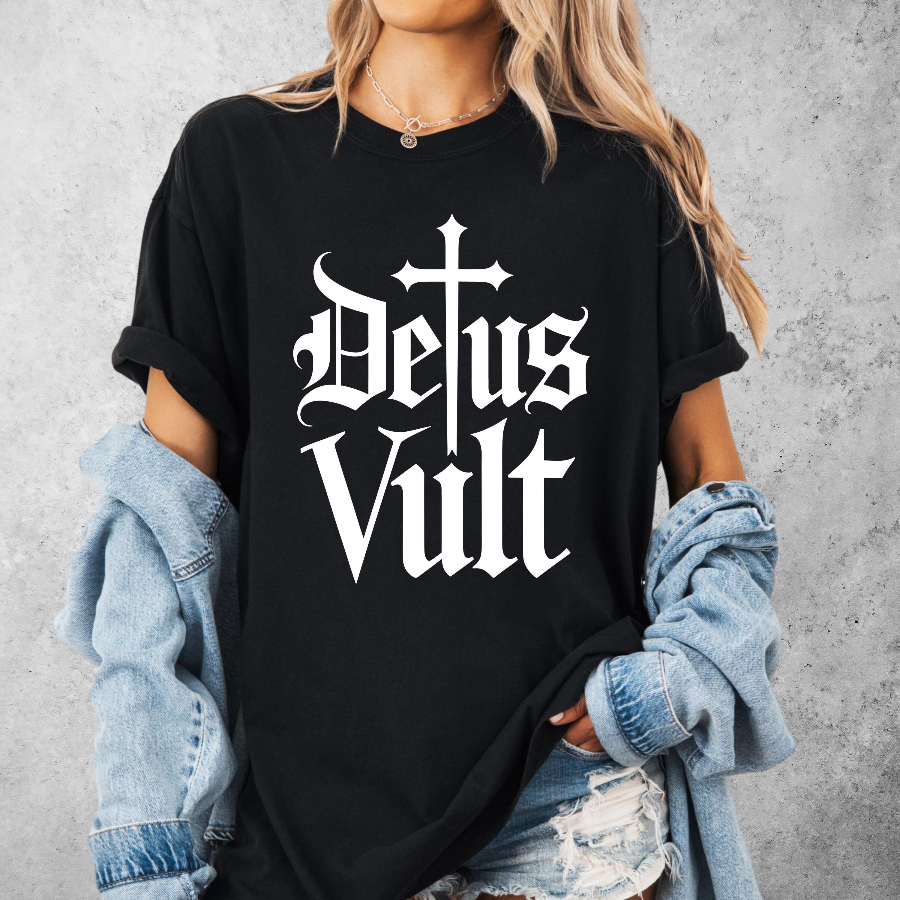 Deus Vult T-Shirt | Medieval Crusader Cross Graphic Tee | Gothic Faith Apparel