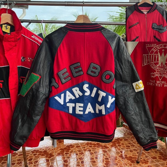 Vintage 90's Reebok Leather Sleeve Bomber Jacket - Etsy Vintage 90's Reebok Leather Sleeve Bomber Jacket - Etsy