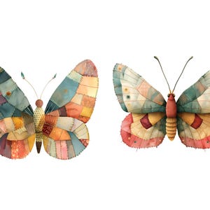 May include: Two colorful butterfly illustrations with patchwork designs. The butterflies are in a watercolor style with a white background.