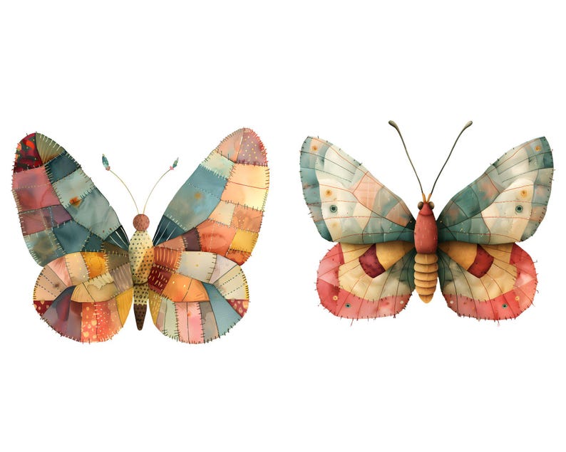 May include: Two colorful butterfly illustrations with patchwork designs. The butterflies are in a watercolor style with a white background.