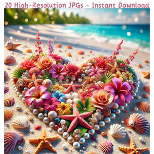 Coração 3D de flores tropicais na praia, 20 JPG Summer Digital Paper para scrapbooking, sublimação e artesanato DIY, uso comercial
