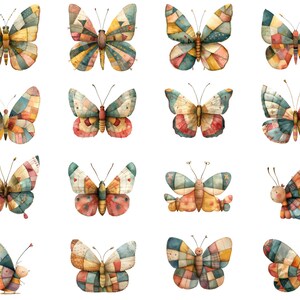 May include: A collection of 15 watercolor illustrations of colorful patchwork butterflies with various wing patterns and designs.