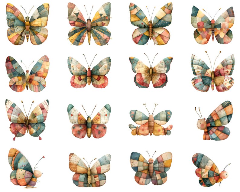 May include: A collection of 15 watercolor illustrations of colorful patchwork butterflies with various wing patterns and designs.