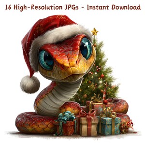 Pode incluir: Ilustração digital de uma cobra de desenho animado usando um gorro de Papai Noel, com uma árvore de Natal e presentes embrulhados. A cobra tem olhos grandes azuis e um corpo vermelho e amarelo. Inclui o texto "16 High-Resolution JPGs - Instant Download".