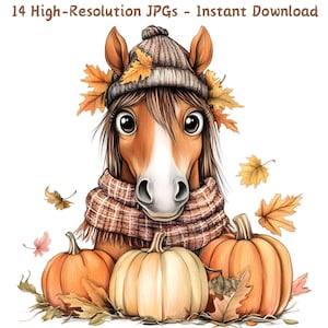 Clipart cheval d'automne aquarelle, 14 JPG feuilles d'automne et citrouilles illustration équine pour le scrapbooking, la sublimation, les travaux de bricolage usage commercial