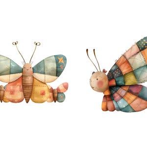 May include: Two colorful patchwork butterflies with whimsical faces. The butterflies are made of different fabrics in shades of blue, green, orange, yellow, and brown.