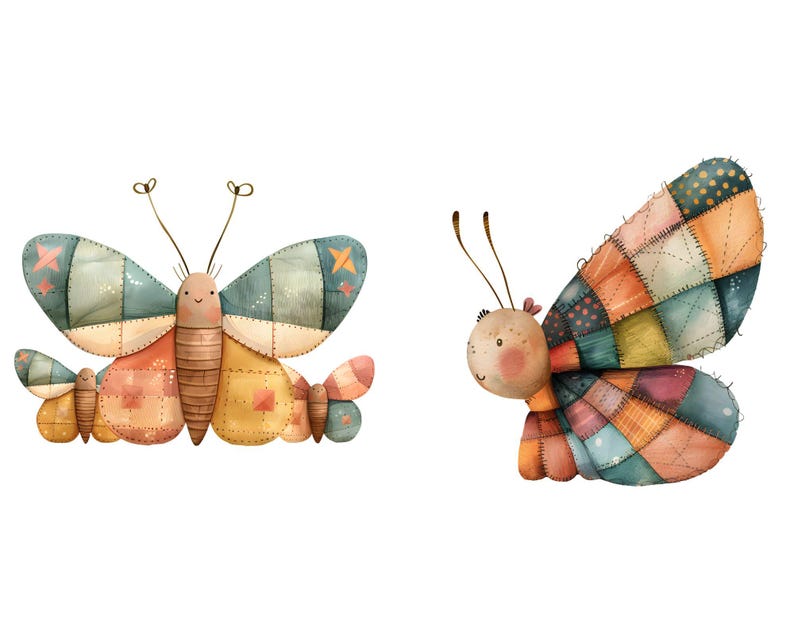 May include: Two colorful patchwork butterflies with whimsical faces. The butterflies are made of different fabrics in shades of blue, green, orange, yellow, and brown.