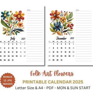 2025 Monthly Planner Printable With Folk Art Flowers, A4 & US Letter ...