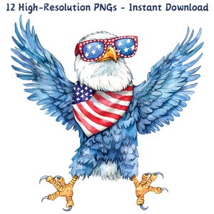 Clipart acquerello aquila patriottica, occhiali da sole bandiera americana, arte dei cartoni animati del 4 luglio, 12 file PNG, scrapbooking, sublimazione e artigianato fai da te