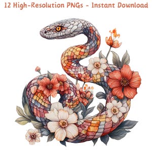 Cobra fofa com flores clipart, 12 arquivos digitais PNG para artesanato, sublimação, scrapbooking e criação de cartões, uso comercial