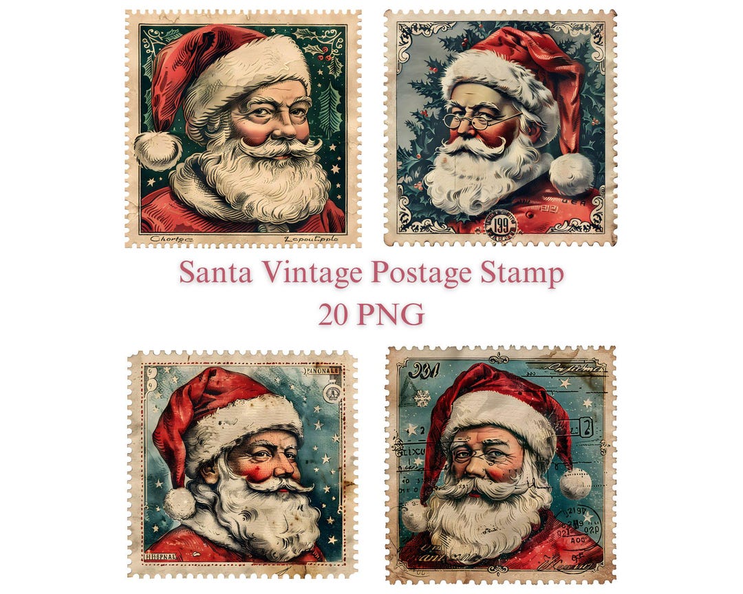 Santa Vintage Postage Stamp, 20 PNG. Christmas Clipart, Junk Journal ...