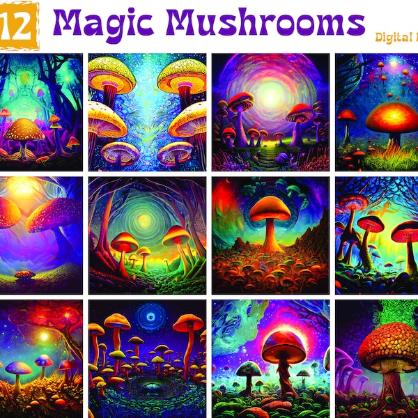 Psychedelic Mushroom Digital Paper Set - 12 Designs for Scrapbook, Journal, Mushroom Wallpaper, Commercial Use